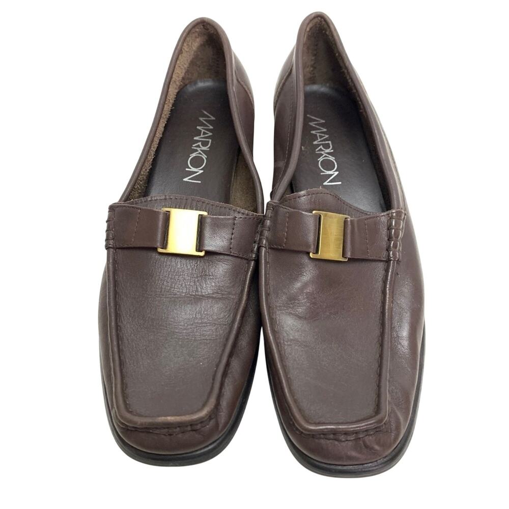 MARKON Womens Square Toe Brown Leather Loafers Flats ALPHA Slip On Shoes sz 10 - Picture 6 of 16